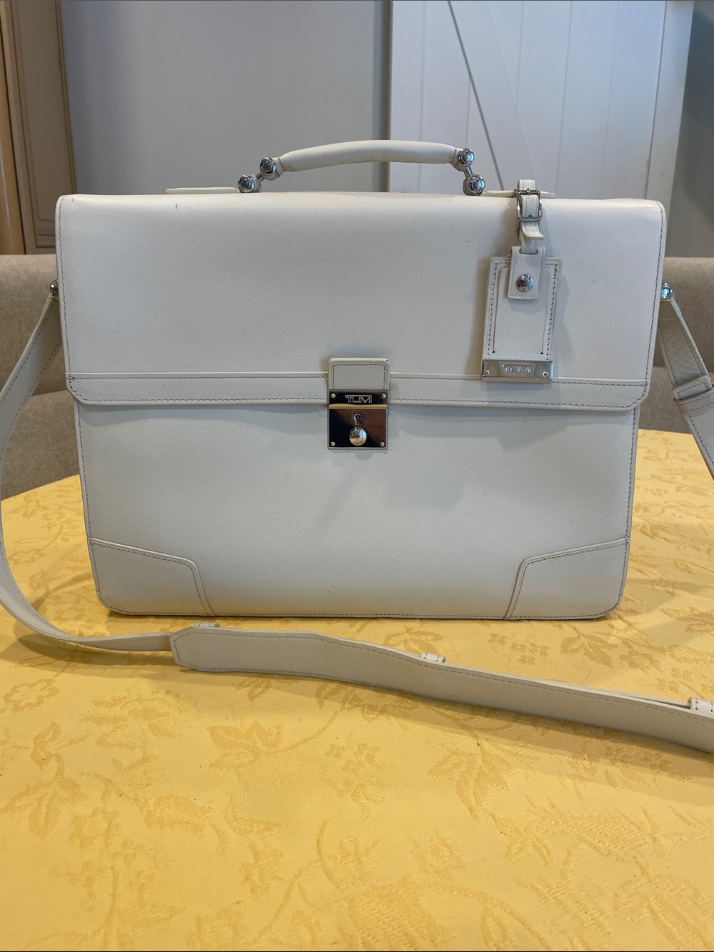 Tumi White Leather Briefcase with Shoulder Strap and Top Handle